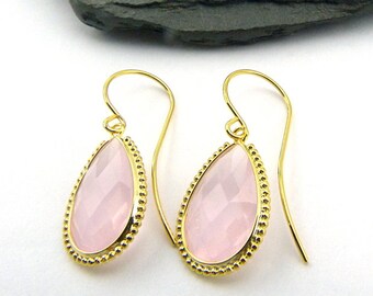Pink & Gold Romantic earrings with a shimmering glass stone in a gold-plated setting. Drop earrings, wedding, gift, nickel free