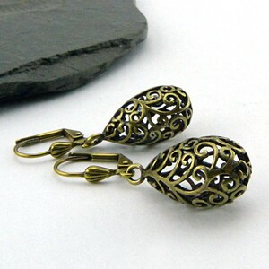 Delicate filigree drops on long ear hooks. Vintage style, romantically playful earrings, boho style, simple, nickel-free, summer jewelry. image 5