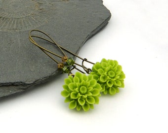 Wasabi Green blossoms and sparkling Swarovski crystals: dahlia earrings. Long Brass Earwires Resin Flower Romantic Earrings