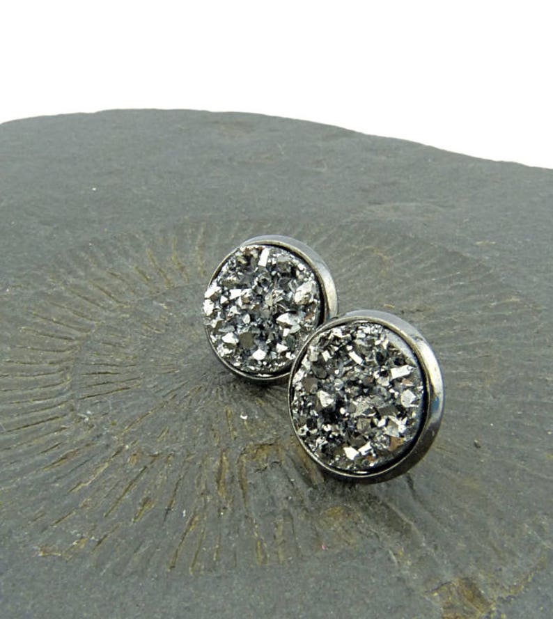 Elegant Silver Sparkling Faux Druzy Cabochon Ear Studs. Gunmetal settings, basemetal nickelfree brass. Lightweight Studs. Holiday jewellery image 3