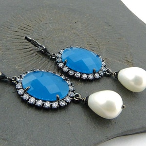 Prussian Blue, Zirkon encrusted Cabochons and a shell core Pearl-Drop. Magnificent Earrings. Festive, opulent Earrings. Nickelfree. image 1