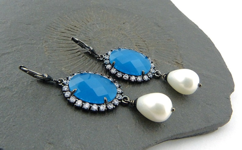 Prussian Blue, Zirkon encrusted Cabochons and a shell core Pearl-Drop. Magnificent Earrings. Festive, opulent Earrings. Nickelfree. image 1