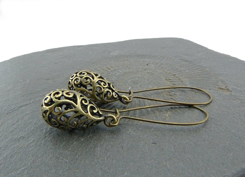 Delicate filigree drops on long ear hooks. Vintage style, romantically playful earrings, boho style, simple, nickel-free, summer jewelry. image 3