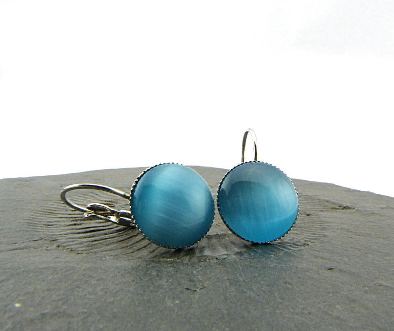 Turquoise shimmer cat's eye cabochons in a silver-plated setting. Simple minimalist earrings in bright blue. Nickel free 14mm image 2