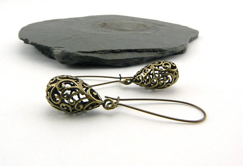 Delicate filigree drops on long ear hooks. Vintage style, romantically playful earrings, boho style, simple, nickel-free, summer jewelry. image 1