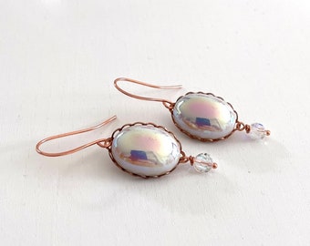 Shimmering cabochon earrings with sparkling Swarovski El. Romantic, wedding, iridescent white. Aurora borealis Nickel-free jewelry.