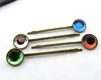 Last set * Four sparkling hair clips: faceted glass cabochons in brass. 12 mm, festive hair accessories, romantic, glittery