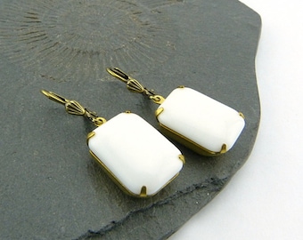White vintage cabochons * glass earrings, rectangular, simple, pure. Brass folding leverbacks, minimalist, glass jewelry, nickel free
