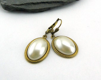 Creme White Faux Pearl Resin Cabochon Earrings - vintage German resin pearl Cabs in decorated antiqued brass settings - nickel free, classic