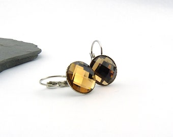 Topaz brown crystal - glass cabochon earrings. 14 mm cabochon jewelry. Nickel free. Folding leverback jewelry. Elegant, noble, subtle.