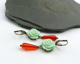 Last pair * Fire and Ice * Ice blue roses & fiery red. Earrings with flower abochon and red glass drop. Romantic earrings