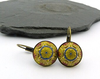 Safron Yellow, Red and a hint of Blue: Glass Mosaic Cabochon Earrings in aged Brass Setting. Vintage Cabochons 14 mm, etched painted glass