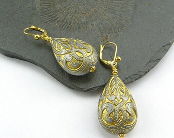 Silver & Gold. Large resin drop earrings with filigree pattern. Vintage style, elegant, festive earrings. Gold-plated, nickel-free