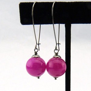 Shocking Pink & Black long dangling earrings with mountain jade beads. Nickel free, colorful earrings. Gift idea young girls image 5