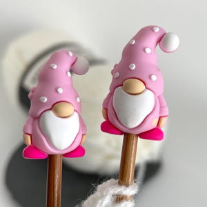 Può includere: Due ornamenti a forma di gnomo rosa con pois bianchi e barbe bianche. Gli gnomi hanno cappelli rosa con pompon bianchi e sono attaccati a bastoncini di legno. Gli gnomi sono davanti a uno sfondo bianco.