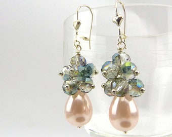 Pearl and crystals. Fantastic, romantic earrings with silver-plated elements and glass beads. Nickel free. Bridal jewelry, blue, gray, pink