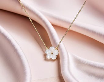 Flower Pearl Necklace with Plumeria & Cherry Blossom Petals, Shell Pearl Pendant, 18K Gold Plated Dainty Choker, Perfect Gift for Her