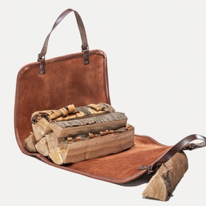 Leather log carrier Handmade firewood leather carrier Fireplace log holder Living room decor Fireplace log bag Father day gift