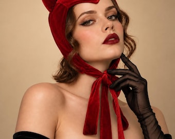 Devil bonnet horns Vintage Red Evil Hood Halloween woman bonnet Cosplay costume party Burlesque