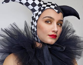 Jester Hat Harlequin Black Checkered Clown Bonnet Cap Costume Cosplay Joker Halloween April Fools Mardi Gras