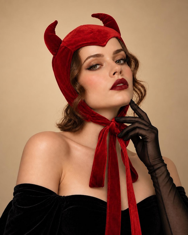 May include: A deep red velvet bonnet featuring two matching plush horns on top. The headpiece is constructed from soft fabric and includes long velvet ribbons that tie securely under the chin, creating a structured fit around the head and ears.