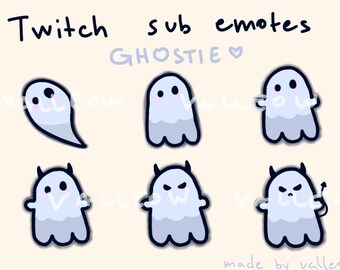 May include: Six different Twitch sub emotes featuring a cartoon ghost with various expressions. The emotes are labeled "GHOSTIE" with a heart symbol. The emotes are made by vallecous.