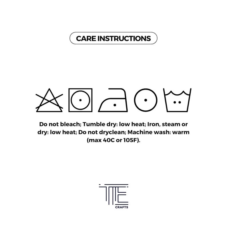 May include: Care instructions for a garment: Do not bleach, tumble dry low heat, iron low heat, machine wash warm (max 40C or 105F).