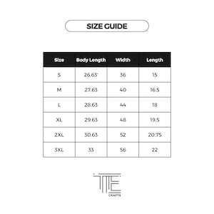 May include: Size chart for clothing with measurements in inches. The chart shows the size, body length, width, and length for sizes S, M, L, XL, 2XL, and 3XL.
