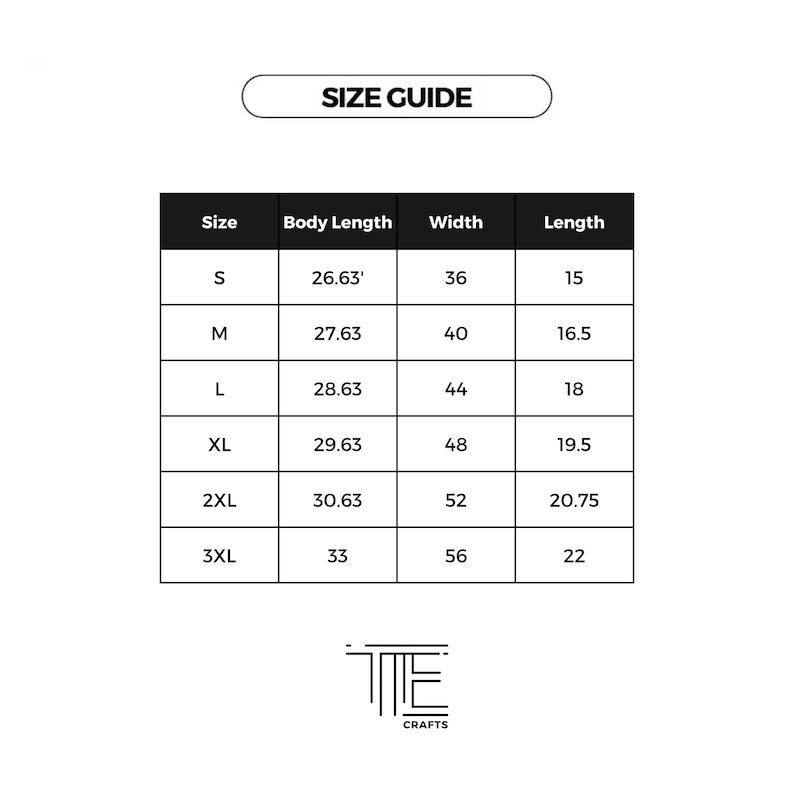 May include: Size chart for clothing with measurements in inches. The chart shows the size, body length, width, and length for sizes S, M, L, XL, 2XL, and 3XL.