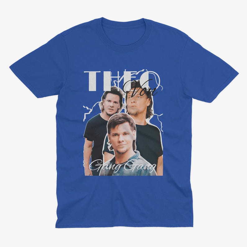 May include: A royal blue t-shirt with a white graphic of three men. The graphic features the text "Theo Von Gang Gang" and a lightning bolt design.