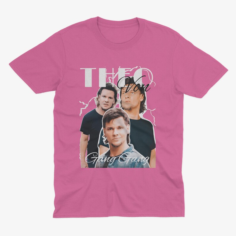 May include: Pink t-shirt with a graphic of three men. The text "Theo Von Gang Gang" is printed on the shirt.