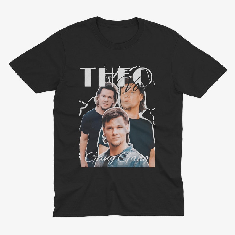 May include: Black t-shirt with a white graphic of three men with the text "Theo Gang Gang" printed on the front.