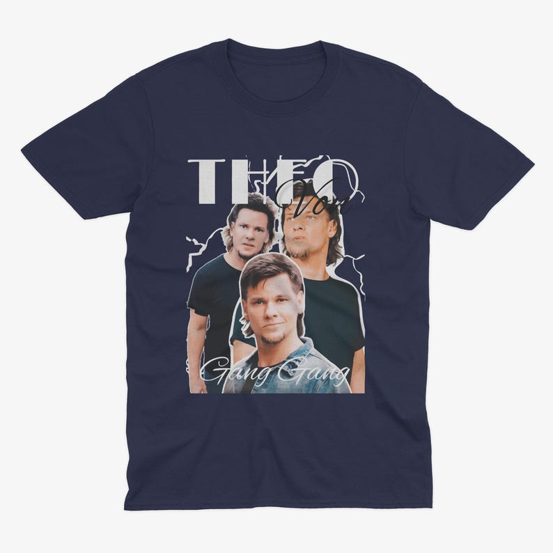May include: Navy blue t-shirt with a white graphic of three men. The graphic includes the text "THEO" and "Gang Gang".