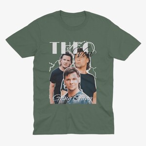 May include: A green t-shirt with a white graphic print of three men. The text "Theo Von Gang Gang" is printed on the shirt.