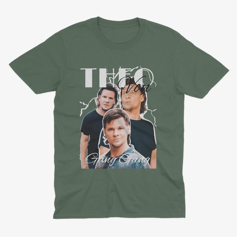 May include: A green t-shirt with a white graphic print of three men. The text "Theo Von Gang Gang" is printed on the shirt.
