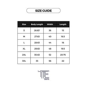 May include: Size chart for clothing with measurements in inches. The chart shows the size, body length, width, and length for sizes S, M, L, XL, 2XL, and 3XL.