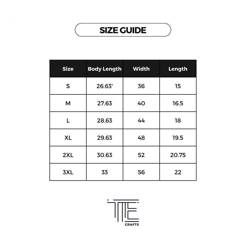 May include: Size chart for clothing with measurements in inches. The chart shows the size, body length, width, and length for sizes S, M, L, XL, 2XL, and 3XL.