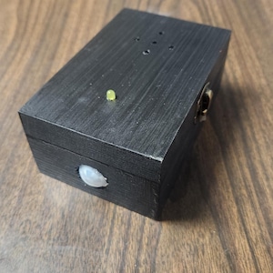 Puede incluir: Una pequeña caja rectangular de madera negra con tapa con bisagras. La caja tiene un botón claro de forma ovalada en la parte delantera y un pequeño objeto redondo verde en la parte superior. La caja está sobre una superficie de madera.