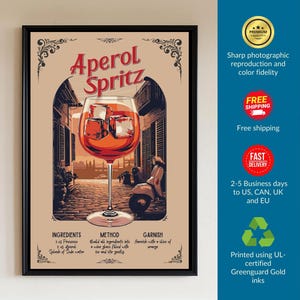 Impresión vintage de Aperol Spritz / Arte mural clásico de cócteles italianos para decoración de cocinas y bares en el hogar mediterráneo