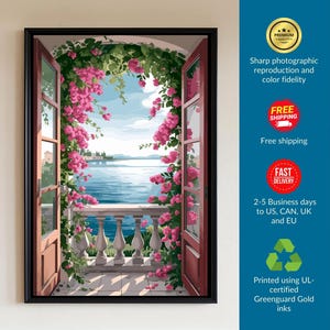 Mediterranean Balcony Wall Art | Bougainvillea and Lake View for Elegant Coastal Decor