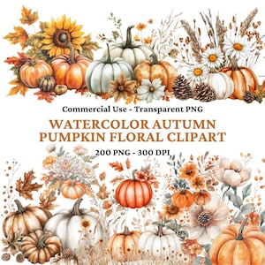Paquete de 200 imágenes prediseñadas de flores de calabaza de otoño en acuarela - Imágenes prediseñadas florales de otoño - Corona floral - Calabaza rústica - PNG transparentes - Flores de boda
