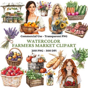 200 aquarelle Farmers Market Clipart - Clipart de légumes frais - Clip Art végétarien - étal de ferme - Fashion Girls - Tonneau PNG-Téléchargement numérique