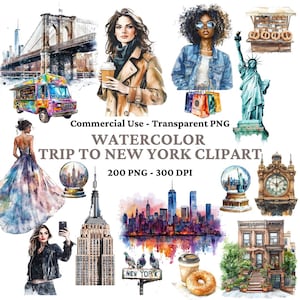 200 New York Clipart - Empire State Building Clipart - Ponte do Brooklyn BridgeClipart - Cidade aquarela PNG - Café Clipart - Uso comercial