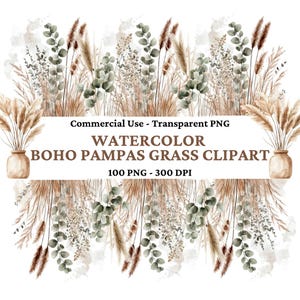 Pacote de 100 clipart de flores boho em aquarela - clipart de capim-dos-pampas - guirlanda floral - flores rústicas - PNGs transparentes - clipart botânico de casamento