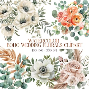 100 Boho Wedding Floral Clipart Set, Watercolor Boho Flowers PNG for Invitations, Bridal Shower, DIY Decor & Rustic Wedding Design, Peonies