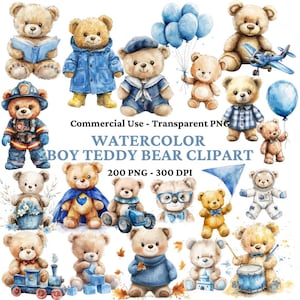 200 cliparts aquarelle ours en peluche - clipart baby shower pour garçon - ours en peluche PNG, avion, train - montgolfière, clipart usage Commercial