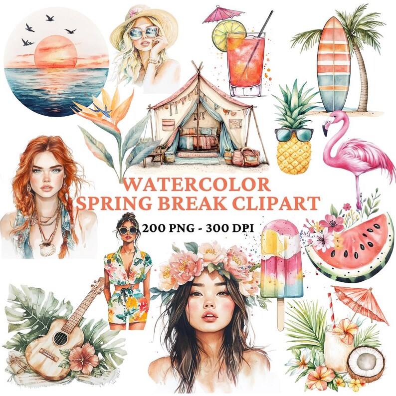 200 Spring Break Watercolor Clipart Bundle - Tropical Beach PNG ...