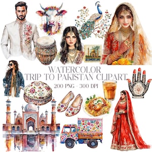 Pacote com 200 clipart de viagem ao Paquistão – Lindas garotas, mesquitas, pessoas, arte de caminhão, flores, padrões, convite de casamento, download digital