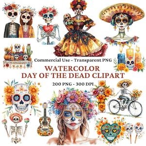 200 Aquarell Tag der Toten Clipart - Dia de Muertos Clip Art - Mexikanisches Halloween PNG - Zuckerschädel - Geist - Blume - Digital Download