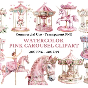 200 Clipart de carrossel em aquarela - Clipart de cavalo de carrossel - Berçário - Menina - Conto de fadas - Carnaval - Berçário em aquarela - Clipart comercial